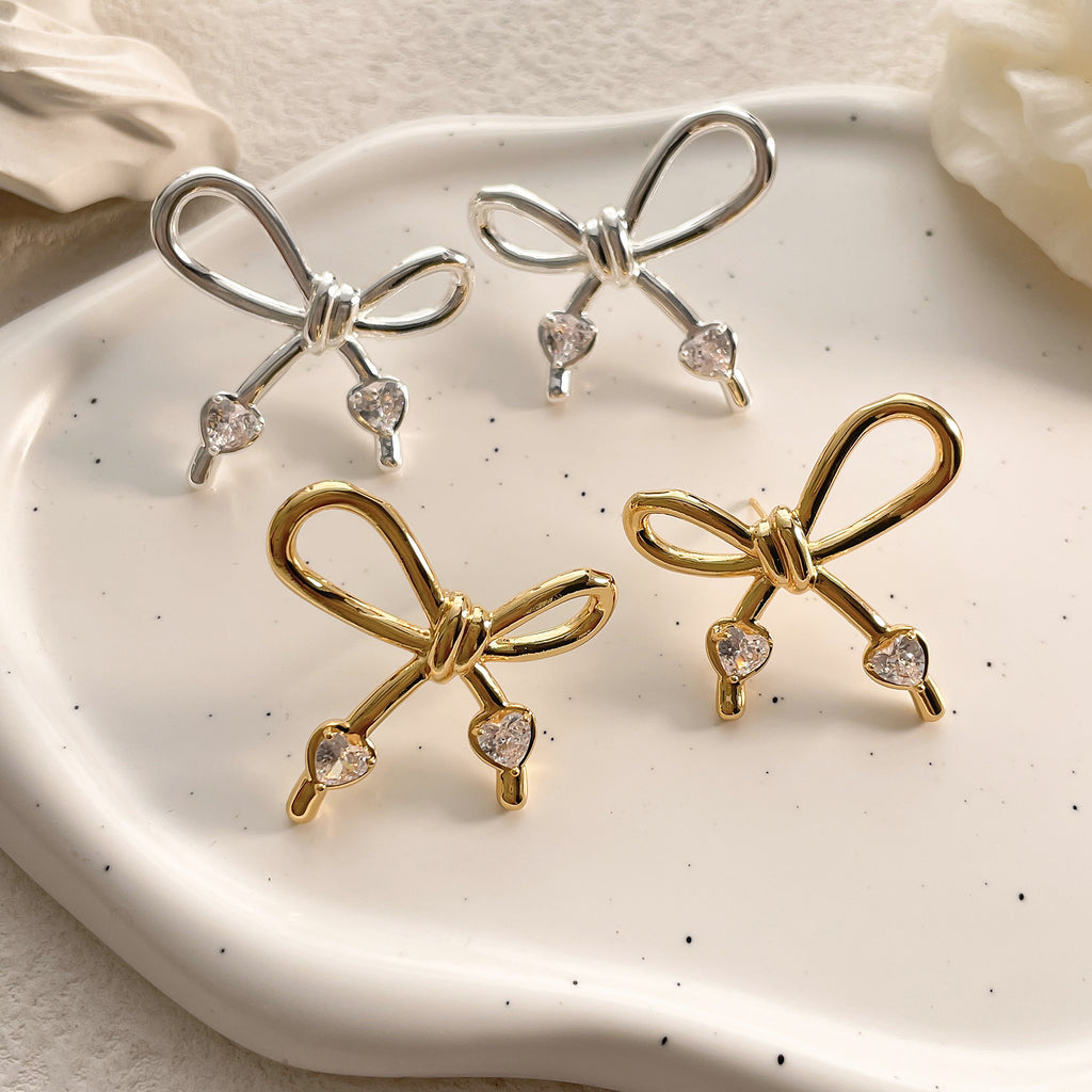 Bow Heart 18K Gold Silver CZ Anti Tarnish Stud Earring Bulk
