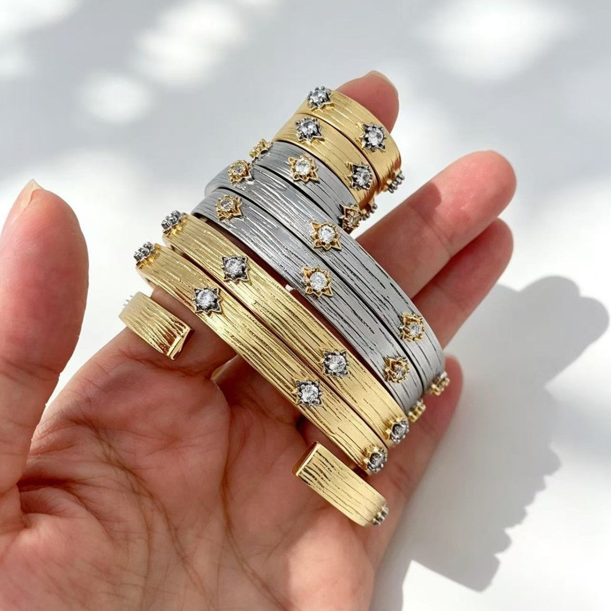 Designer Dual Tone Gold Silver CZ Copper Textured Bracelet Ring Set Bulk