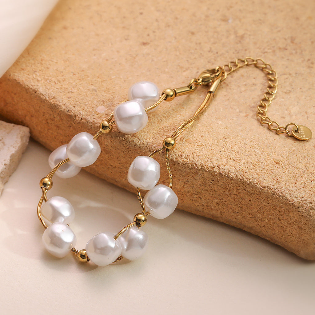 White Pearl 18K Gold Stainless Steel Anti Tarnish Dual Layer Chain Bracelet For Women