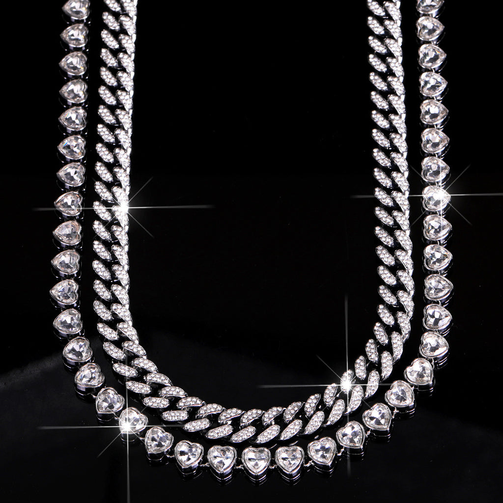 Silver Heart Curb Chain Silver Rhinestone Necklace For Women Bulk