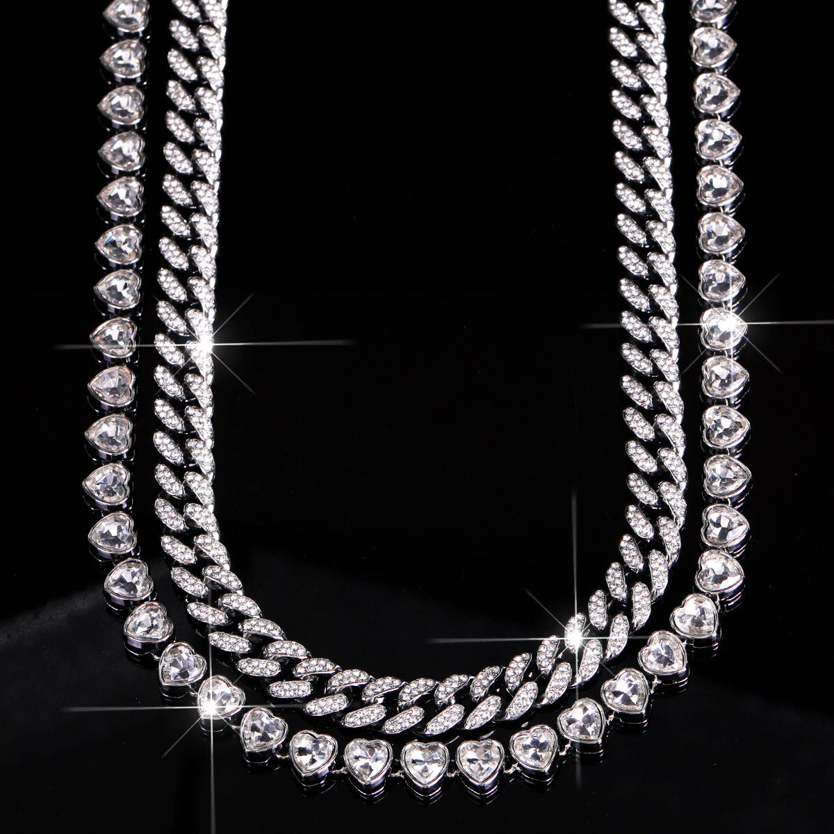 Silver Heart Curb Chain Silver Rhinestone Necklace For Women Bulk