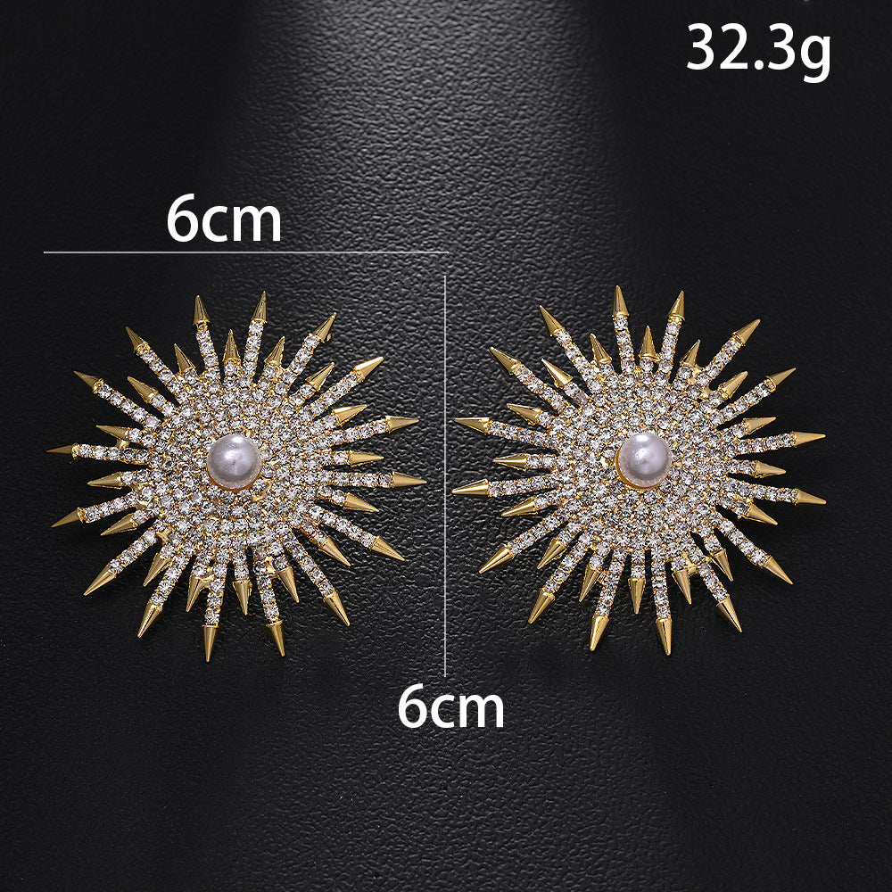 Gold Sunburst Gold CZ Pearl Anti Tarnish Copper Stud Earrings Bulk