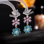 Floral Bird 18K Gold Pink Blue CZ Anti Tarnish Drop Earring Bulk