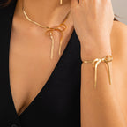 Bow Ribbon Knotted 18K Gold Plated Anti Tarnish Necklace Earring Bracelet Set For women