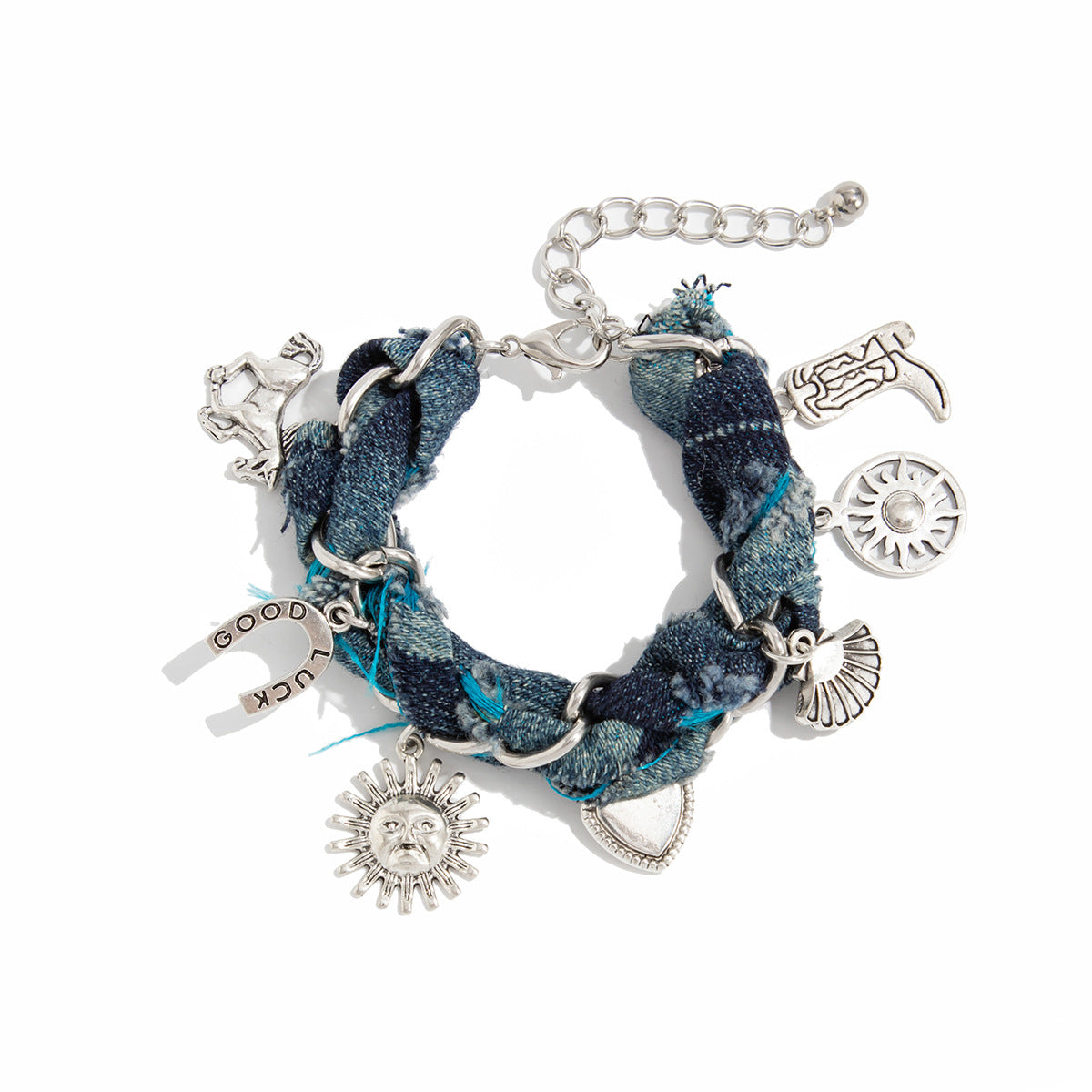 Sun Heart Shell Silver Blue Adjustable Thread Charm Bracelet Bulk