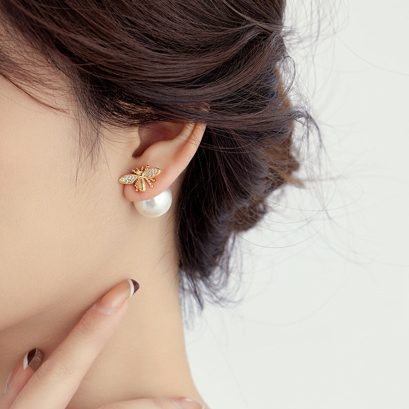Little Honeybee Pearl Cubic Zirconia Gold Silver Stud Earring Bulk