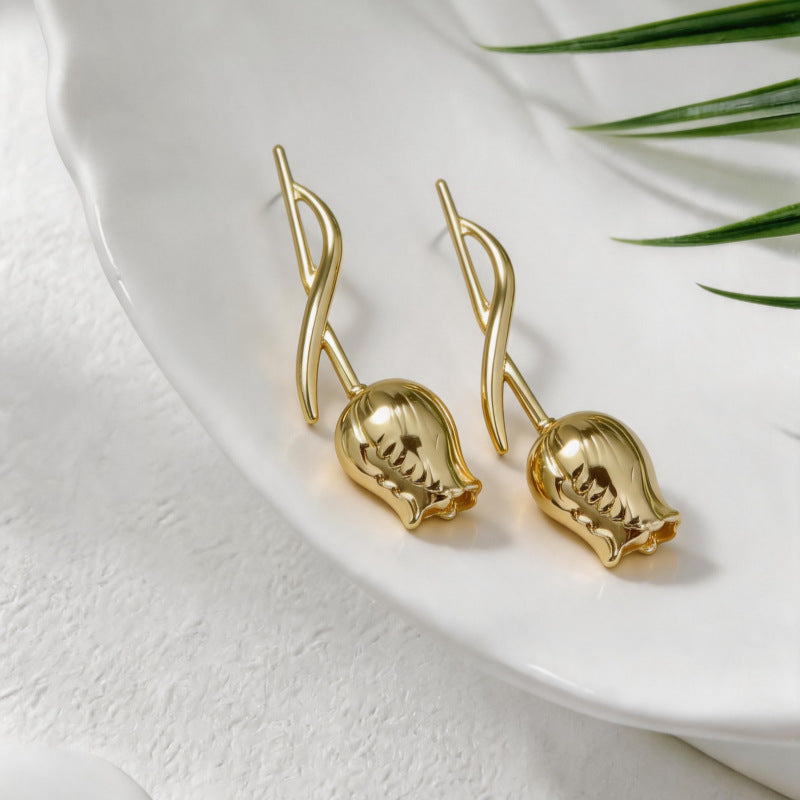 Gold Tulip Flower Dangler Earrings For Women Bulk