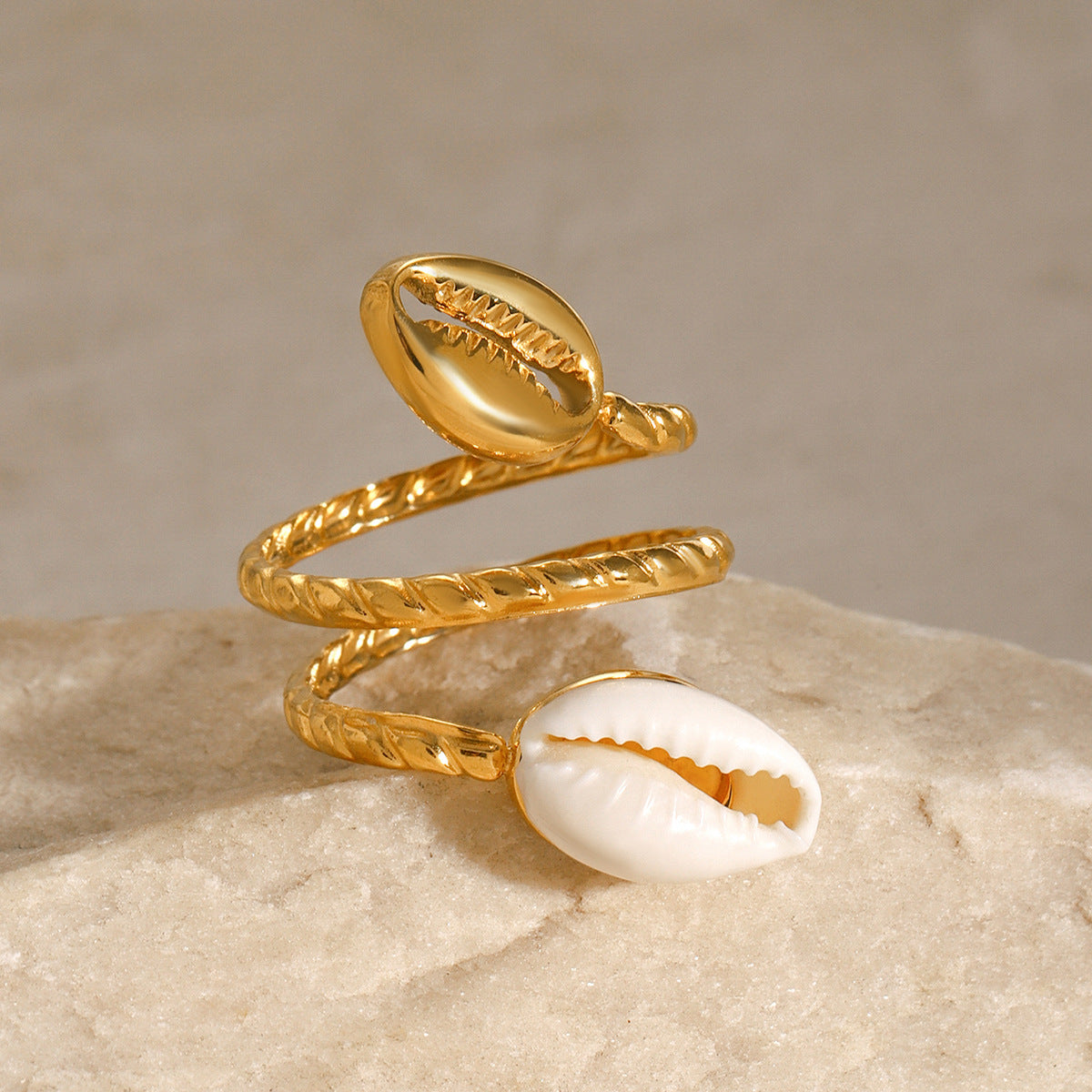 Dual Shell Rope Gold Anti Tarnish Stainless Steel Adjustable Ring Bulk