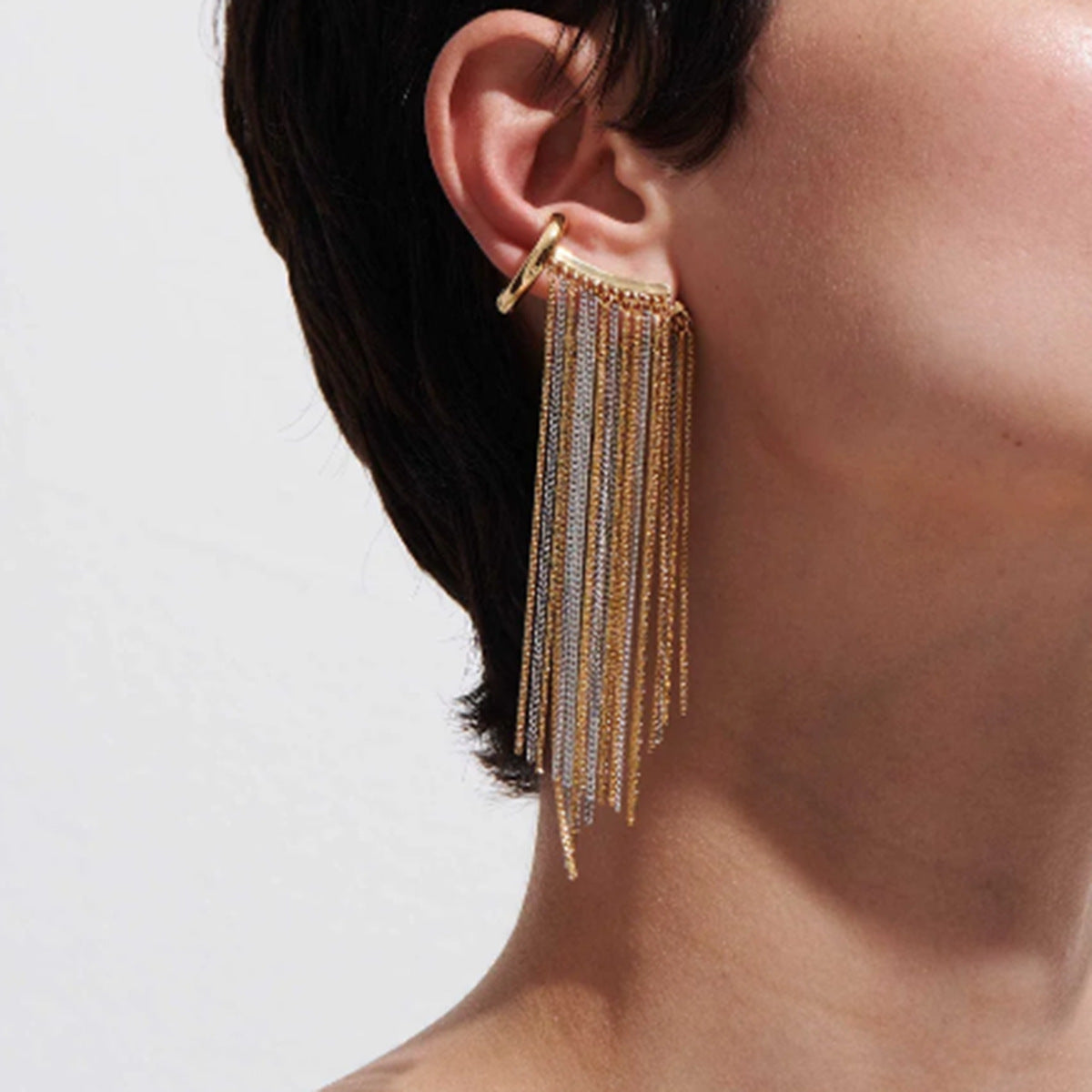 Two Tone Multi Layer Chain 18K Gold Silver Anti Tarnish Stainless Steel Dangler Tassel Single Right Side Earrings For Women Secondary image