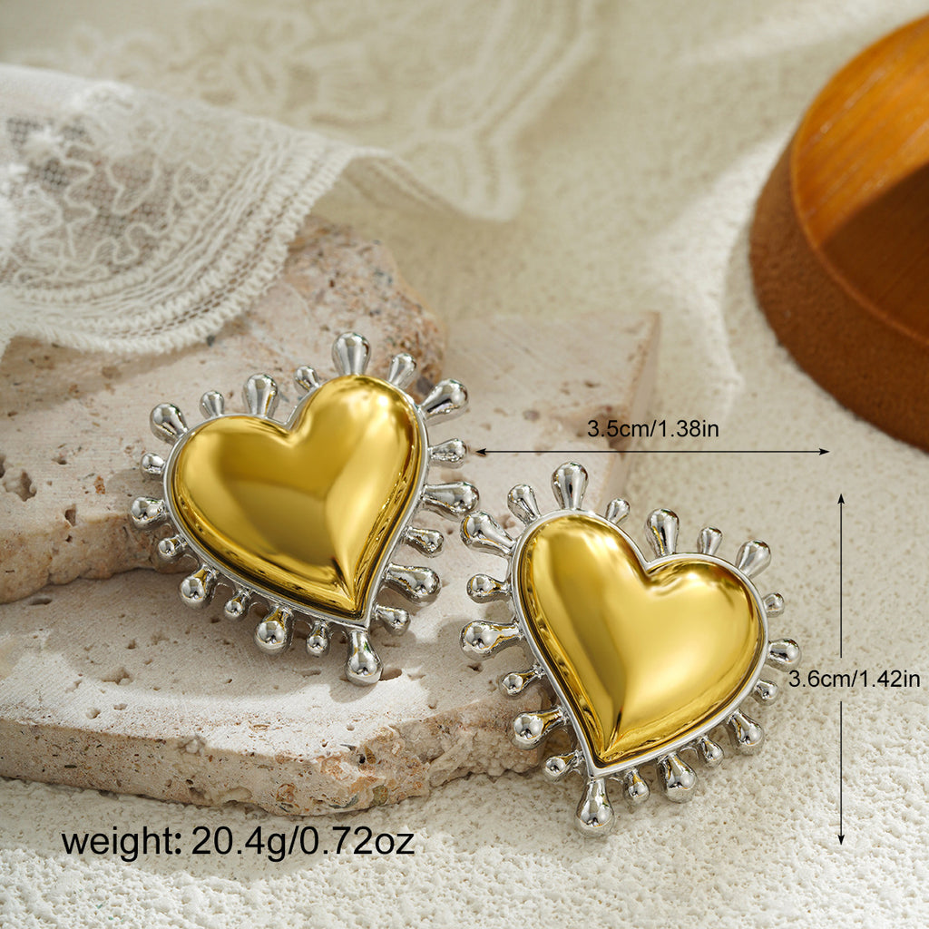 Heart Trendy Dual Tone Gold Silver Stainless Steel Stud Earrings Bulk