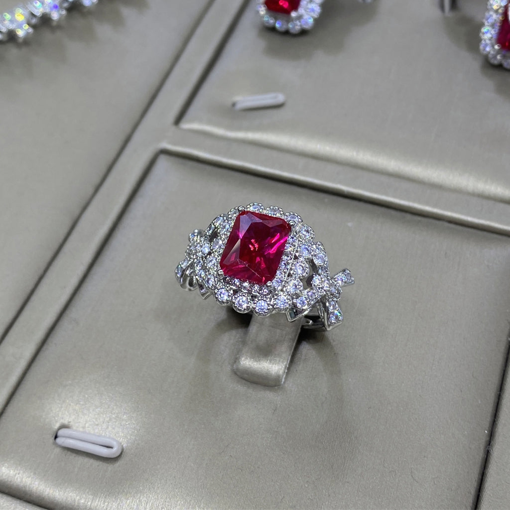 Ruby Red Emerald Cut CZ Silver Plated Copper Necklace Combo Set Bulk