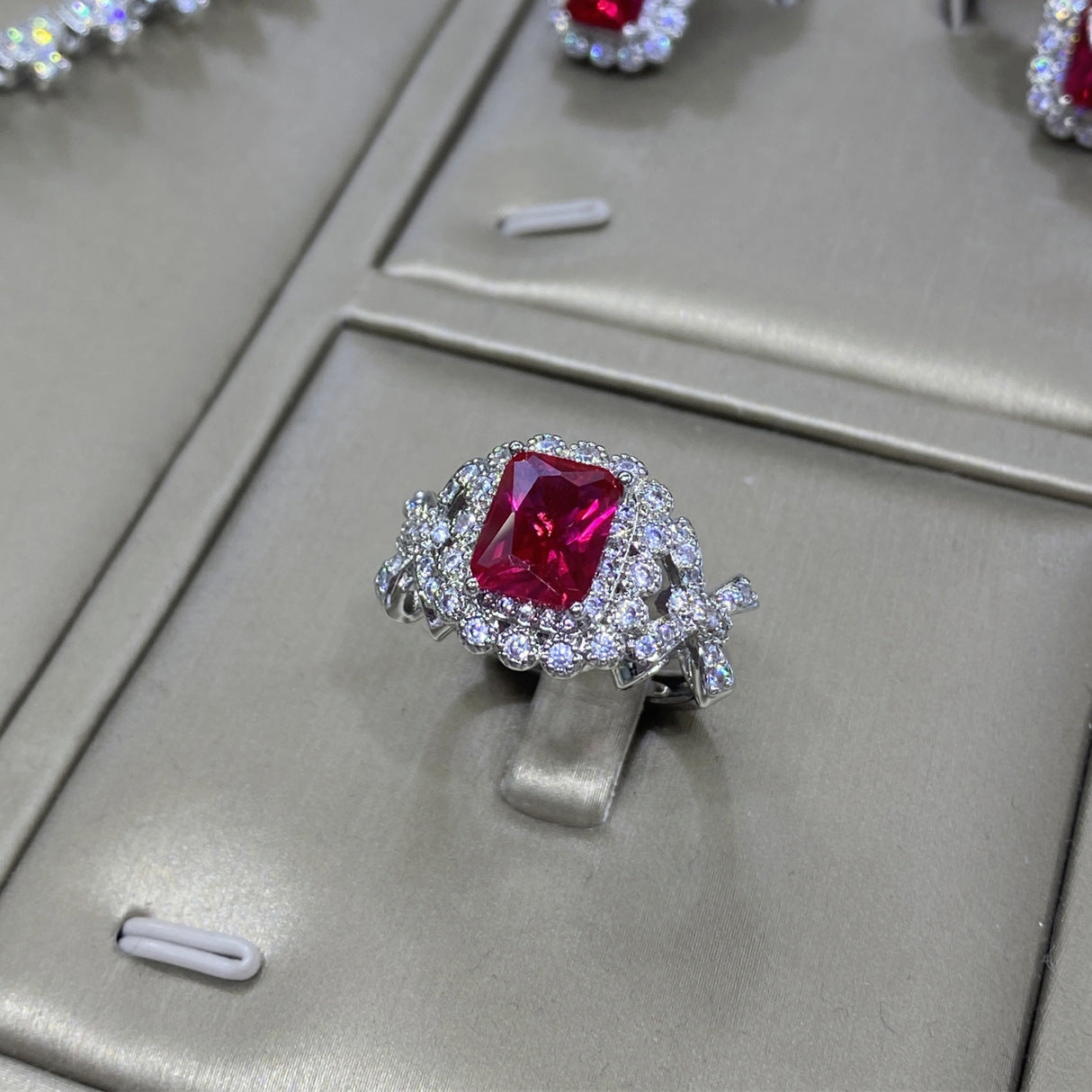 Ruby Red Emerald Cut CZ Silver Plated Copper Necklace Combo Set Bulk