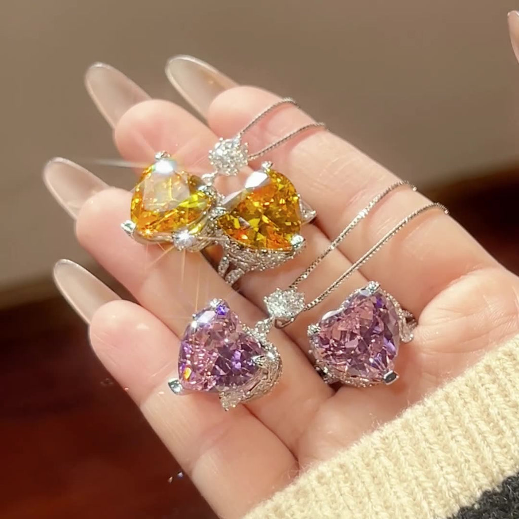 Heart Silver Yellow Pink CZ Anti Tarnish Pendant Chain Ring Set Bulk