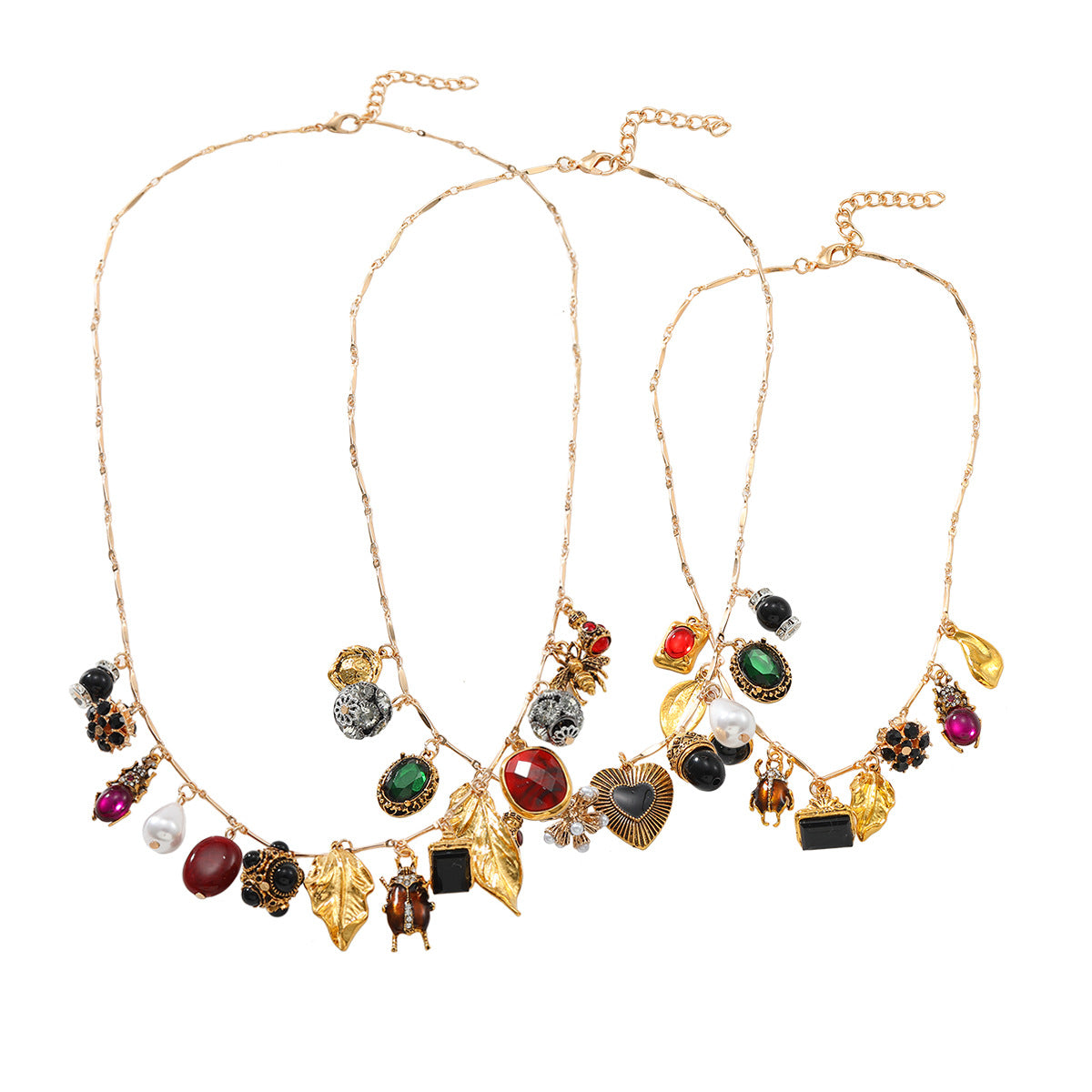 Multi Gemstone Pearl Gold Multiple Charm Necklace Chain Pack Of 3 Bulk