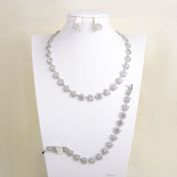 Sparkling Floral Silver Plated CZ Copper Necklace Combo Set Wholesale Secondary image