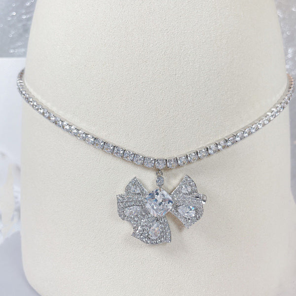 Luxury Silver Plated CZ Crystal Bow Anti Tarnish Copper Necklace Bulk Secondary image