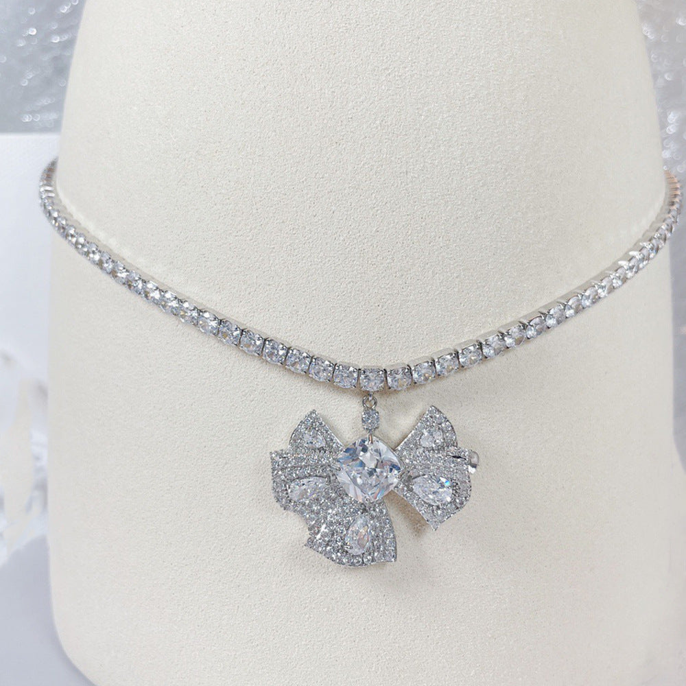 Luxury Silver Plated CZ Crystal Bow Anti Tarnish Copper Necklace Bulk