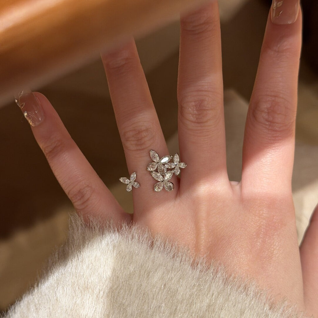Silver Floral Cubic Zirconia Copper Adjustable Ring For Women Bulk