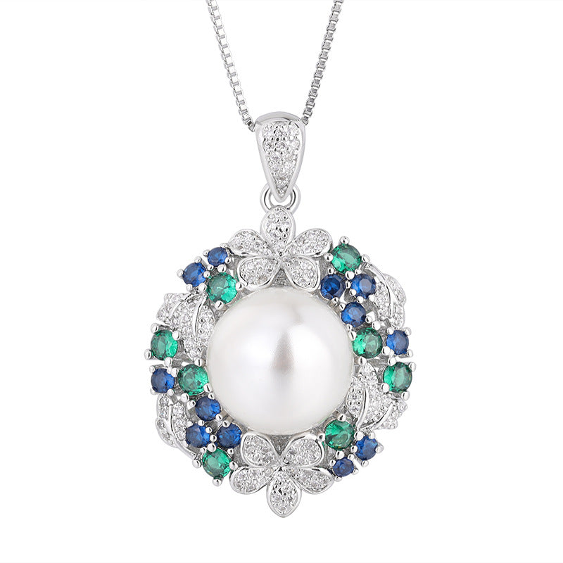 Sunflower Silver Blue White Pearl CZ Crystal Necklace Earring Set Bulk