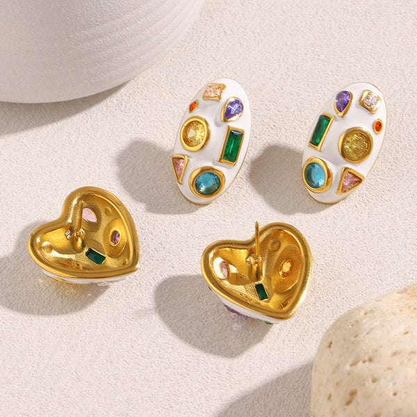 Heart Oval 18K Gold CZ Enamel Stainless Steel Stud Earring Pair Bulk Secondary image