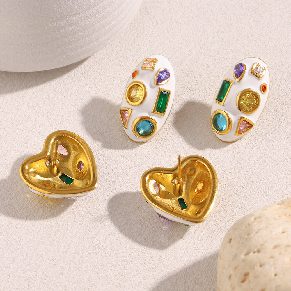 Heart Oval 18K Gold CZ Enamel Stainless Steel Stud Earring Pair Bulk