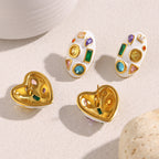 Heart Oval 18K Gold CZ Enamel Stainless Steel Stud Earring Pair Bulk