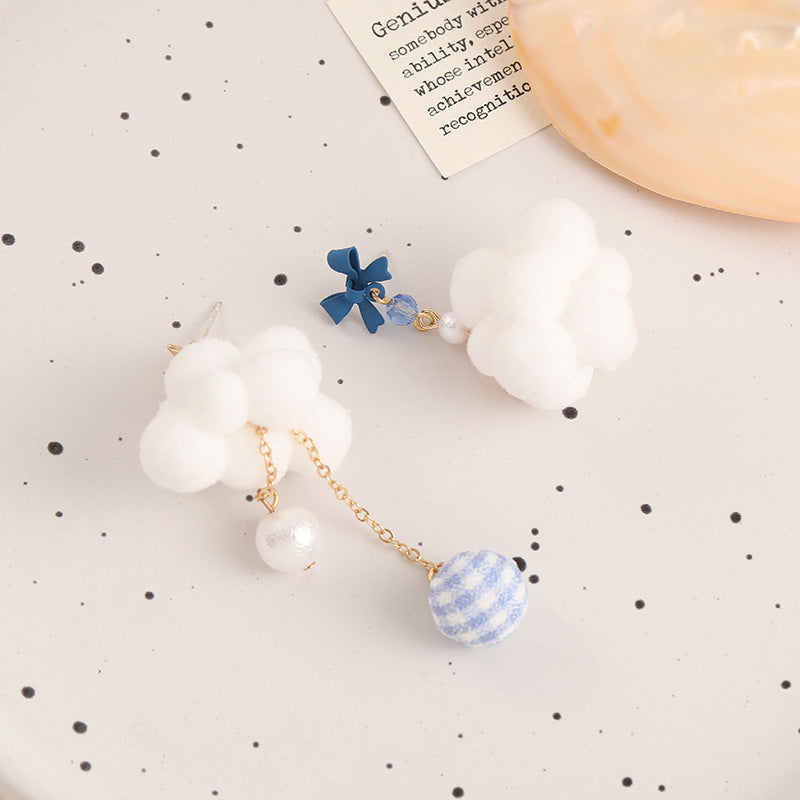 Cloud Star Bow Silver White Blue Anti Tarnish Dangler Tassel Earring For Women