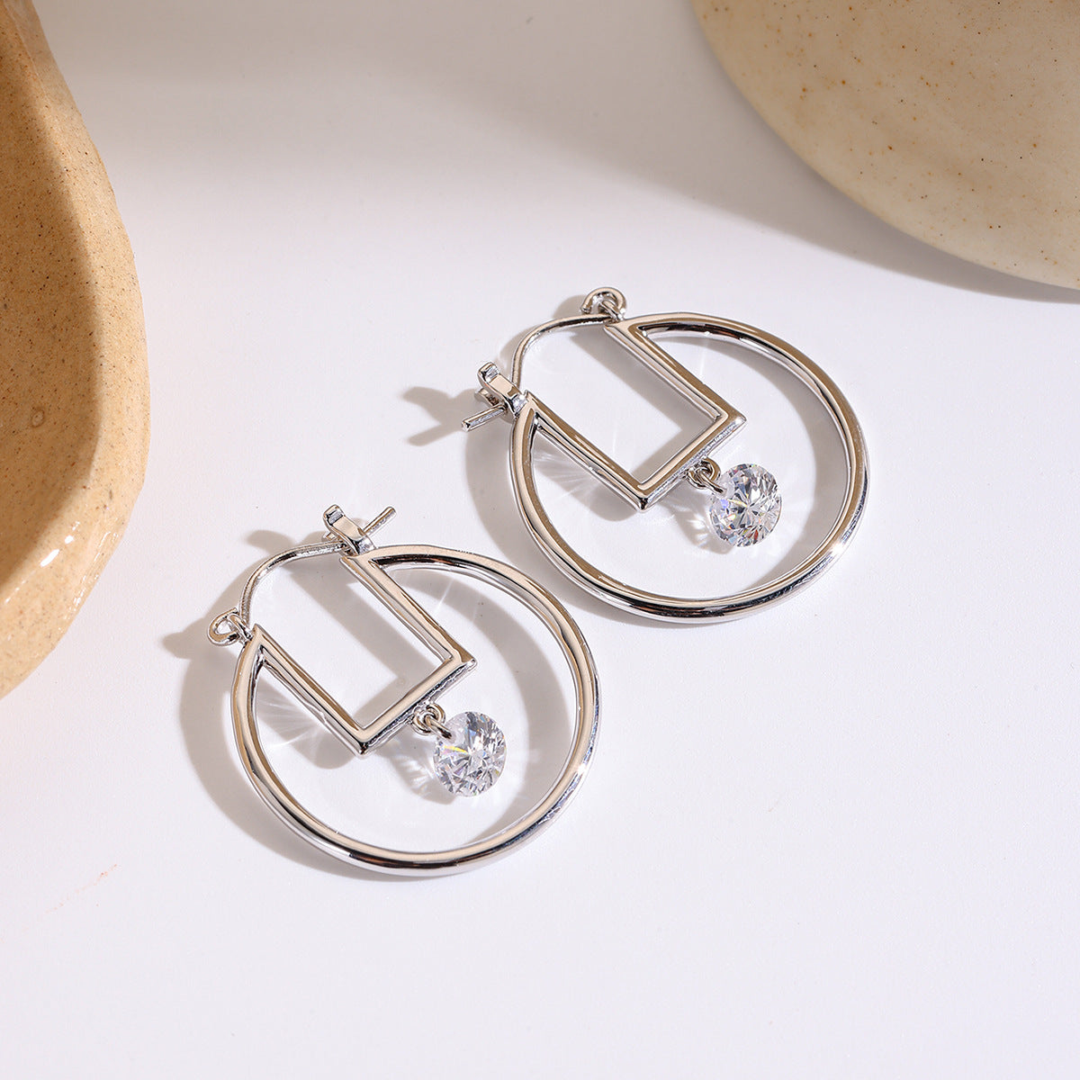 Gold Silver Circle-Square Cubic Zirconia Copper Drop Earrings Bulk Secondary image