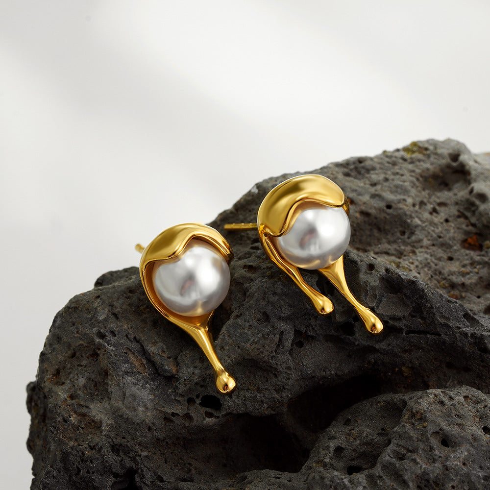 Organic Drop Gold Plated Pearl Stainless Steel Stud Earrings Wholesale