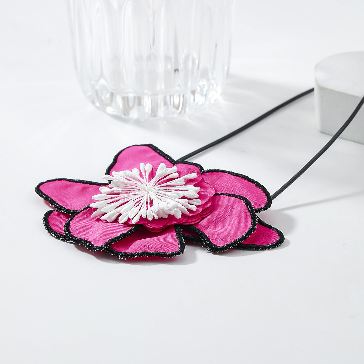 Flower Colorful Pink Green White With Black Boarder Cloth Necklace For Women