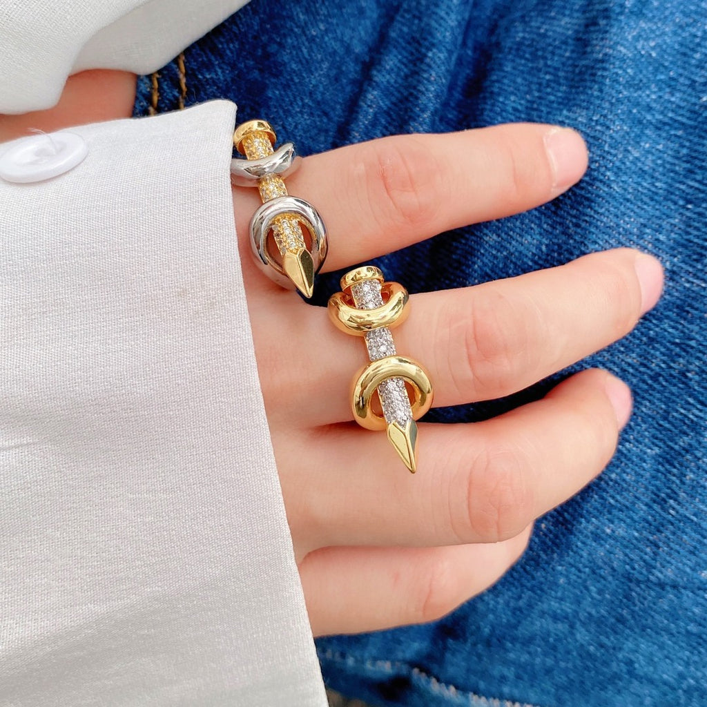 Gold Silver Nail Cubic Zirconia Copper Adjustable Ring For Women Bulk