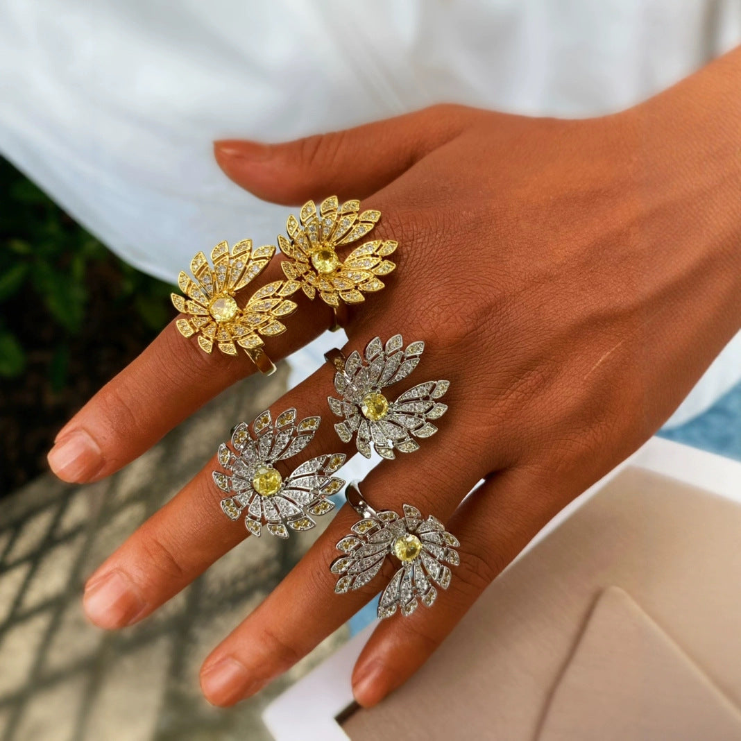 Gold Silver Flower Cubic Zirconia Copper Adjustable Ring For Women Bulk Main image
