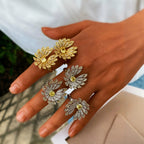 Gold Silver Flower Cubic Zirconia Copper Adjustable Ring For Women Bulk