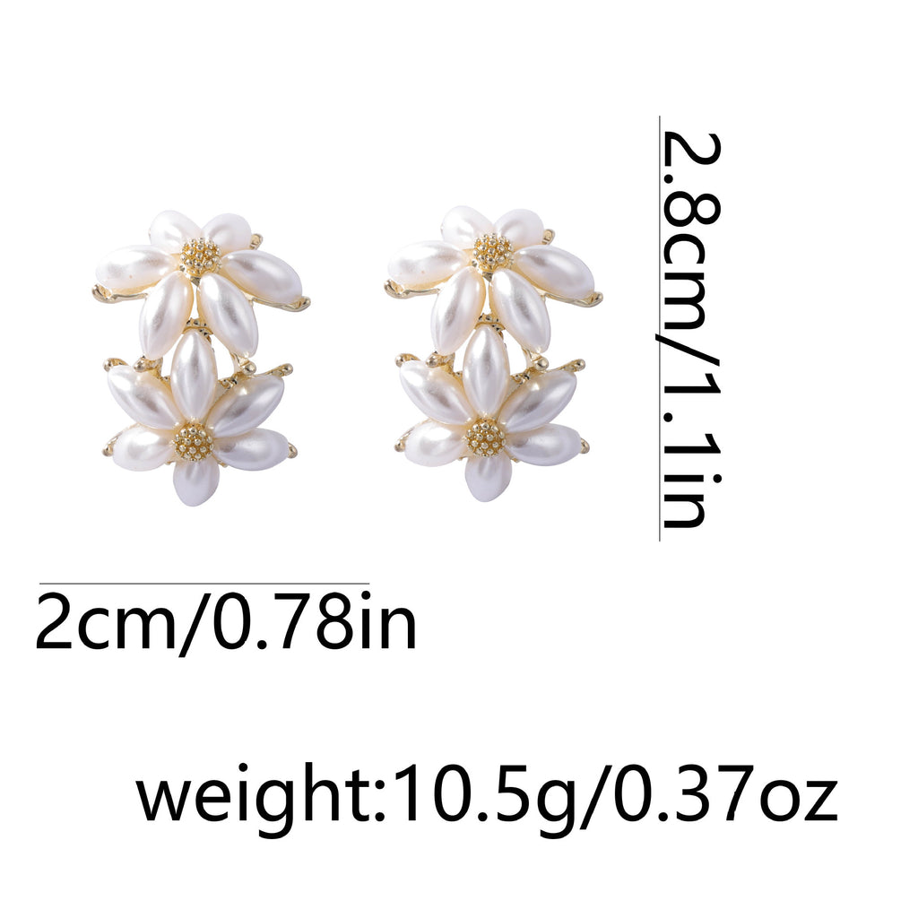 Dual Flower Pearl White 18K Gold Stud Earring For Women Bulk