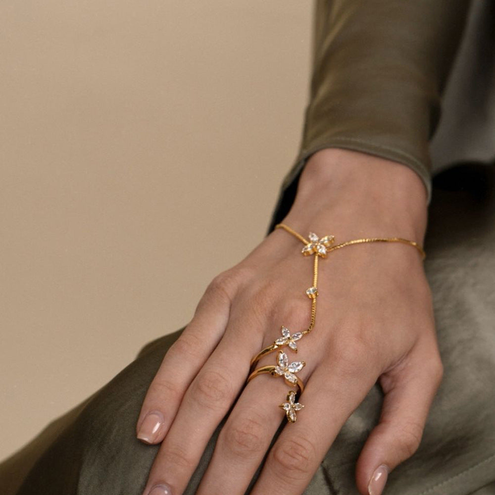 Flower Solitaire Gold Silver Anti Tarnish Box Chain Bracelet Joint Ring For Women