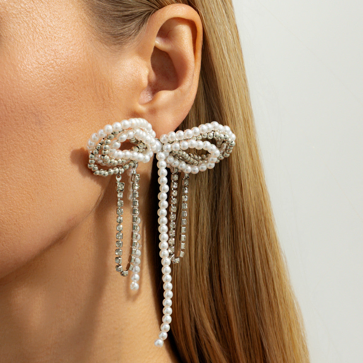 White Chic Bow Style Silver Plated Pearl Drop Earrings For Women Bulk