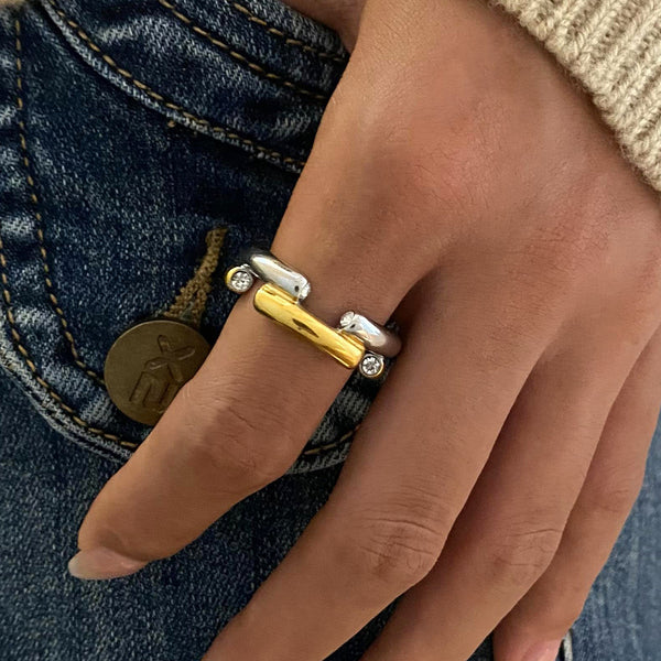 Two Tone Gold Silver CZ Anti Tarnish Stainless Steel Ring Bulk Secondary image