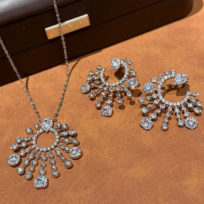 Silver Elegant Sunburst Cubic Zirconia Copper Necklace Combo Set Bulk