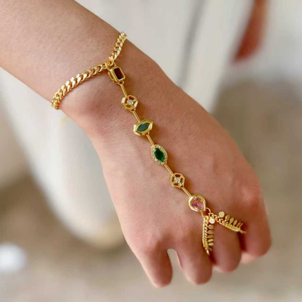 Multi Color Gemstone Hand Harness Gold Plated CZ Copper Bracelet Bulk