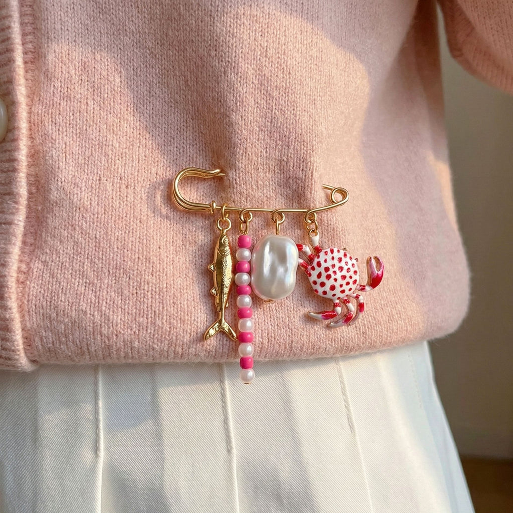 Multi Color Fish,Crab,Pearl,Safety Pin Gold Enamel Brooch For Women Bulk
