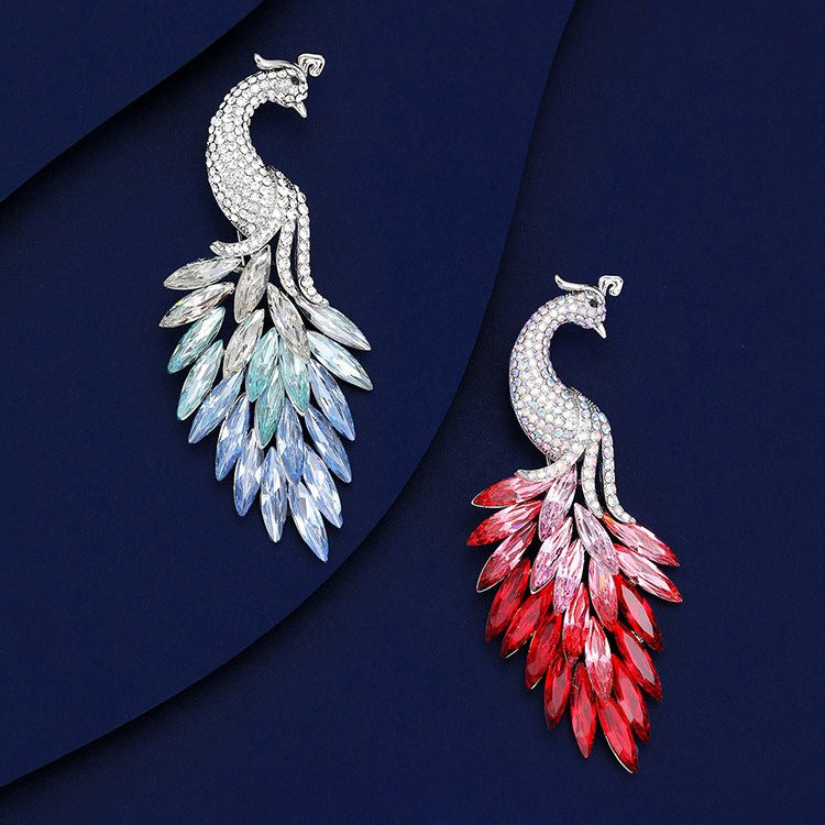 Peacock Cubic Zirconia Crystal Blue Red Silver Brooch For Women Bulk Main image
