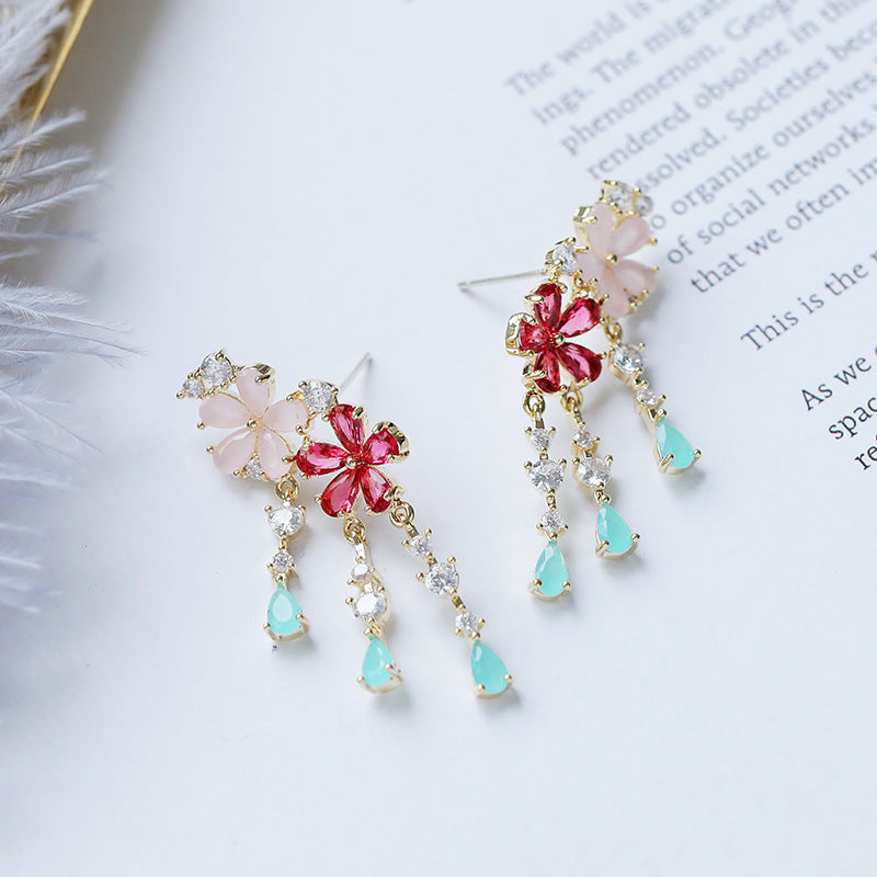 Floral Flower 18k Gold Plated Pink Red Crystals Cubic Zirconia Anti Tarnish Dangler Earrings For Women