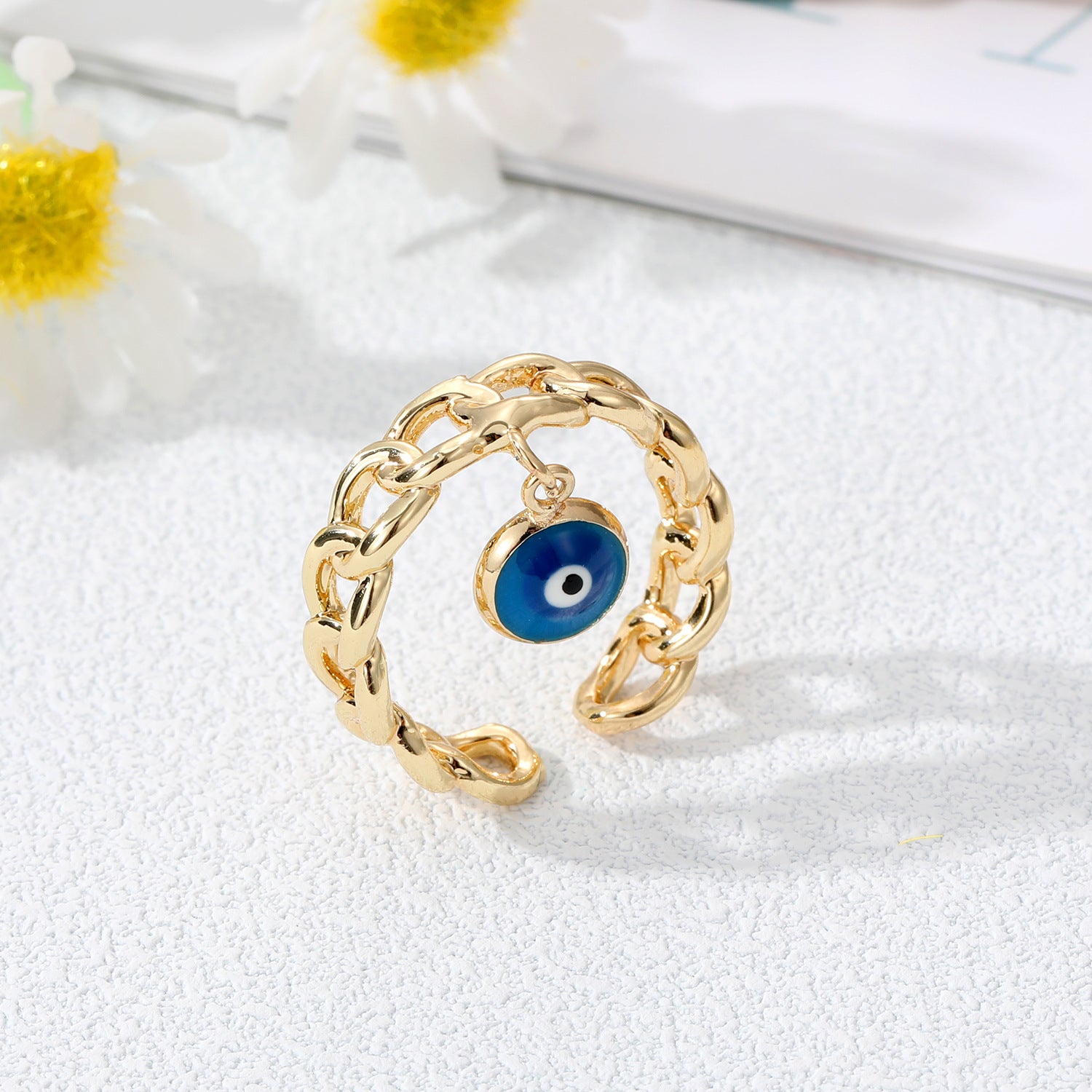Evil Eye Charm Blue Enamel Gold Adjustable Curb Chain Band Ring Bulk