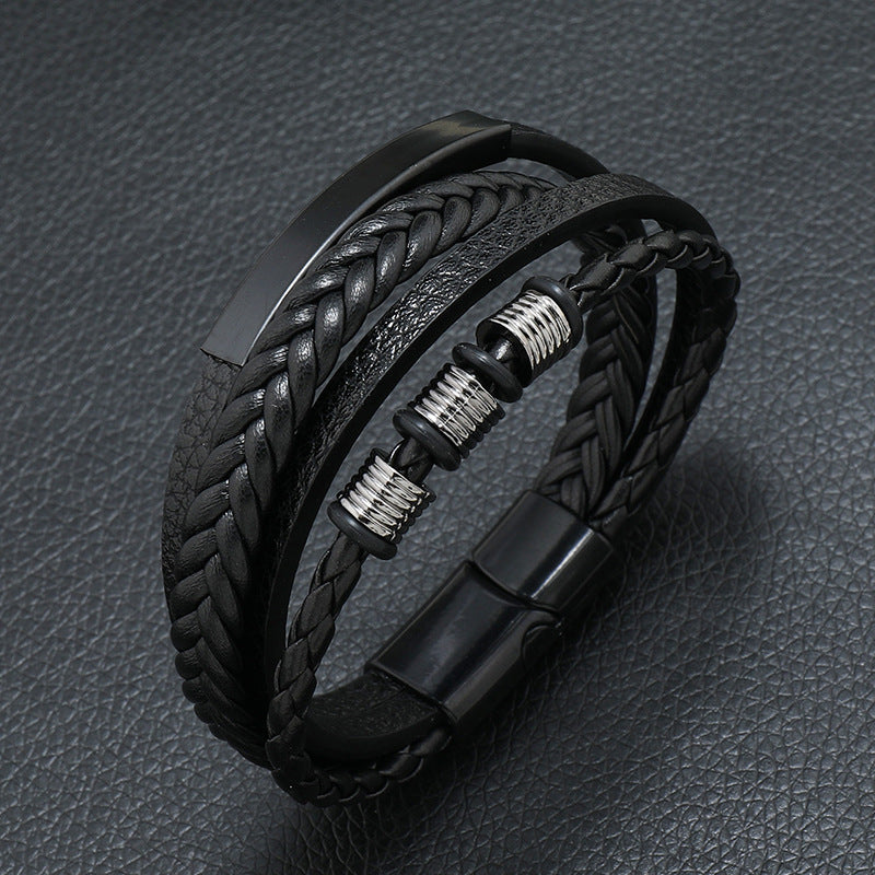 Rope Ring Black Brown Stainless Steel Multi Layer Wrist Band Id Leather Bracelet For Men