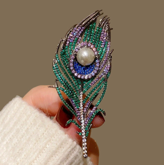 Multi Color Peacock Feather Gold Cubic Zirconia Copper Brooch Women Bulk