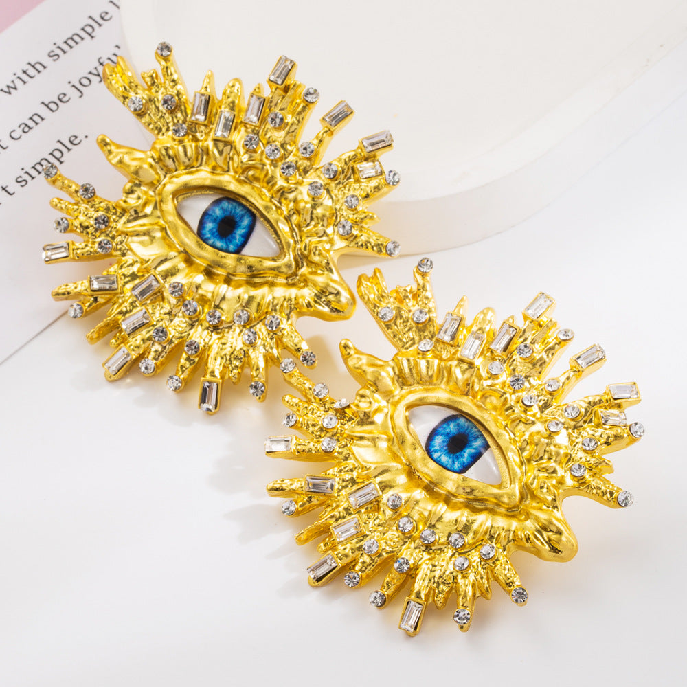 Beaten Finish Big Eyelash Evil Eye Baguette CZ Gold Stud Earring Bulk Main image