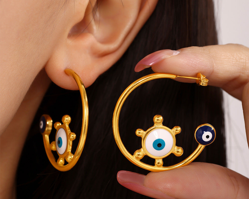 Gold Evil Eye Anti Tarnish Stainless Steel Hoop Earrings For Women Bulk Secondary image