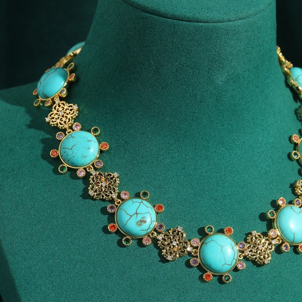 Luxury Turquoise Blue Faux Stone CZ Filigree Gold Copper Necklace Bulk Secondary image