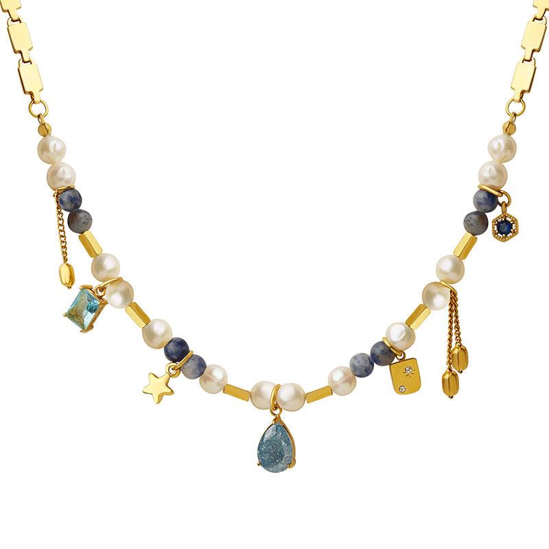 Drop Pearl Blue Purple 18K Gold Anti Tarnish Necklace Chain Women Bulk