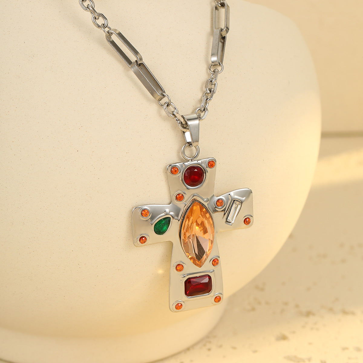 Jesus Cross Silver Brown Multi Gemstone Stainless Steel Anti Tarnish Pendant Chain Necklace For Women Main image